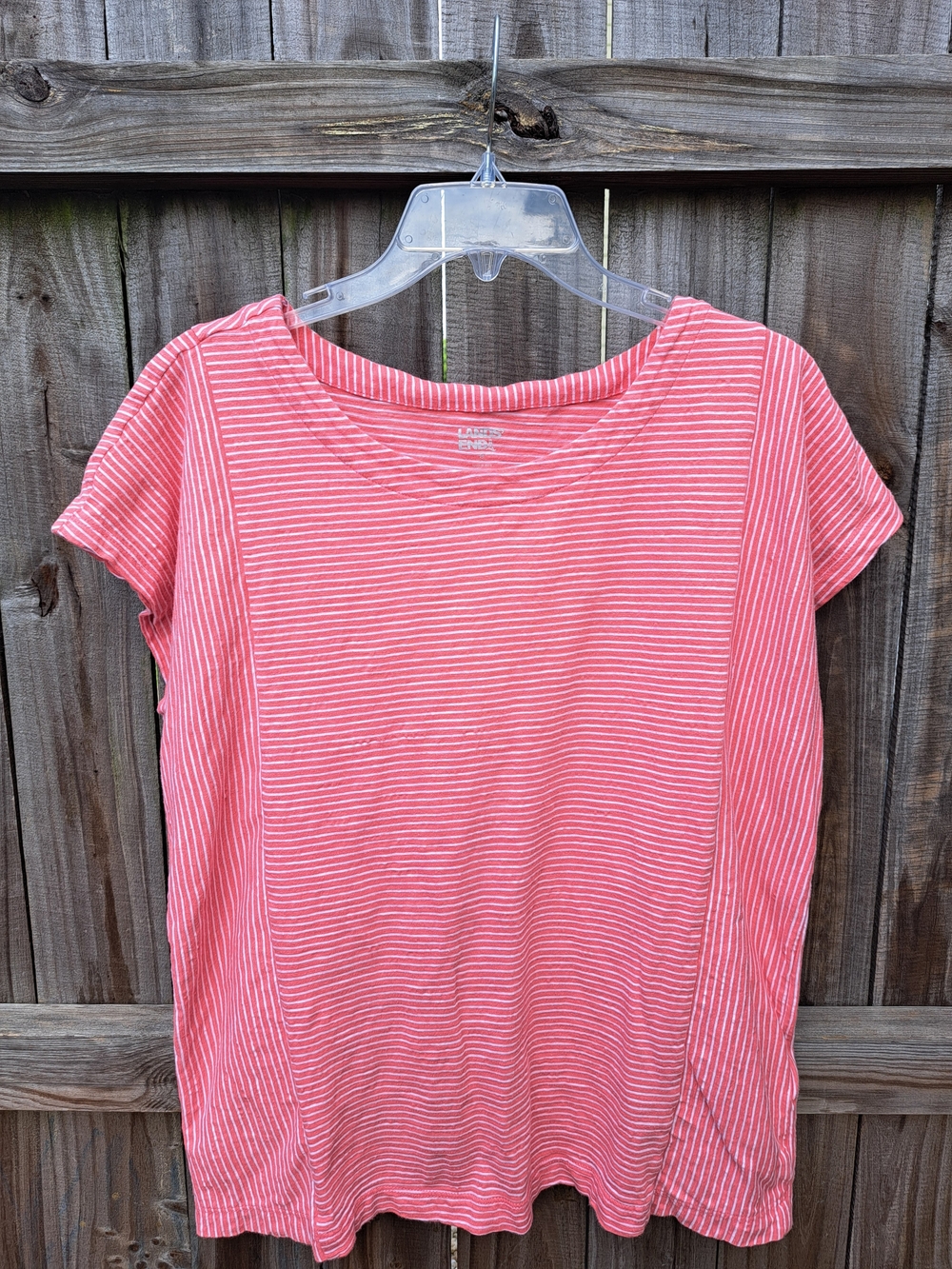 Lands' End Coral & White Striped Short Sleeve Top